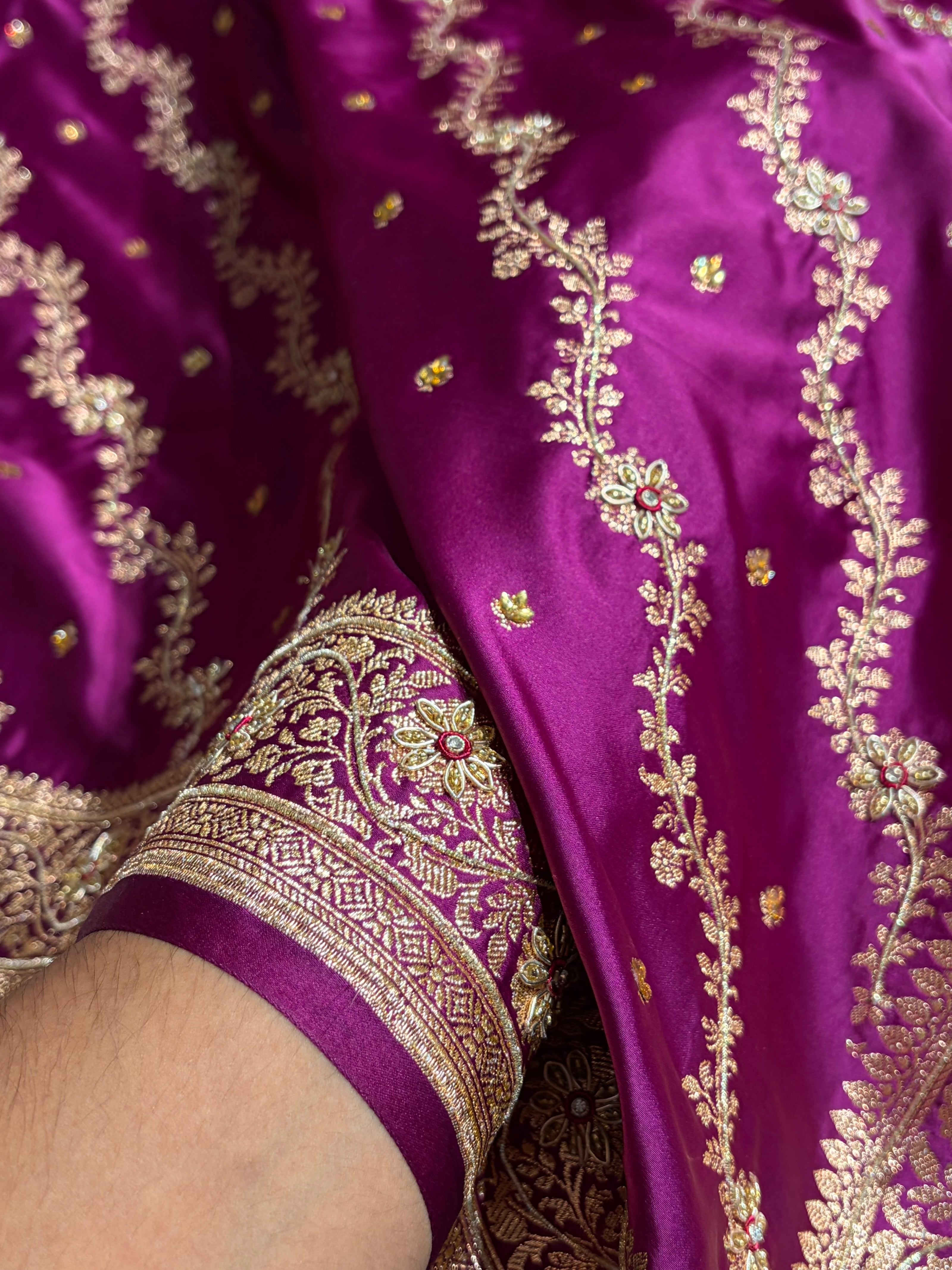 Banarasi Satin Katan Saree With Ari & Zardozi Work Boota in Wine Shades BSK108