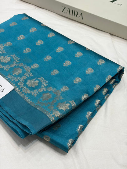 Firozi Flower Booti Pure Caramel Silk Saree