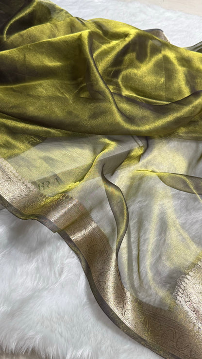 Dark Mehendi Shades Pure Tissue Silk Saree with Brocade Blouse PT-09