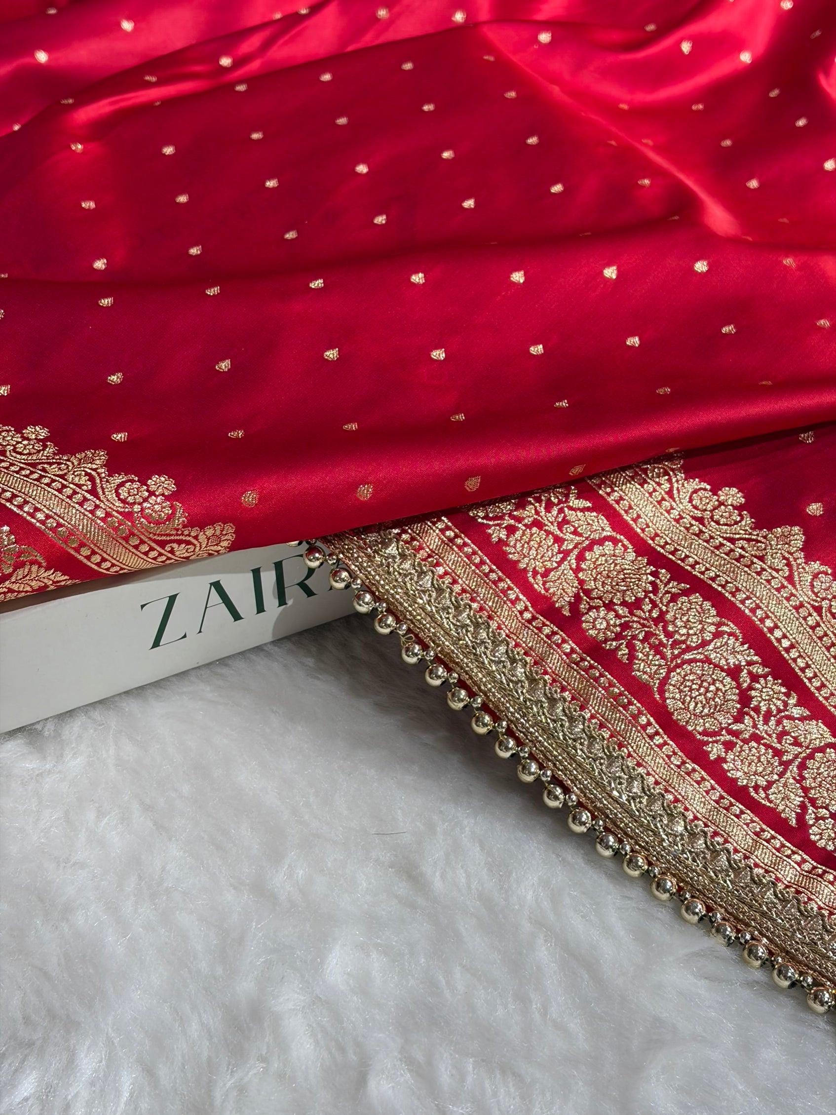 Banarasi Satin Katan Saree With Gotta Patti Work in Cross Red Shades SKGP91