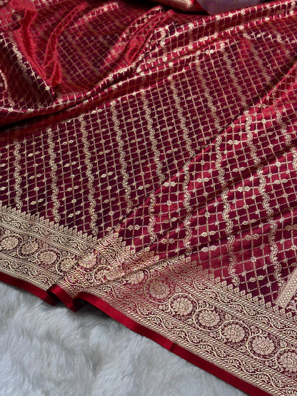 Magnetic Red Banarasi Brocade Soft Katan Silk Saree SKB-01