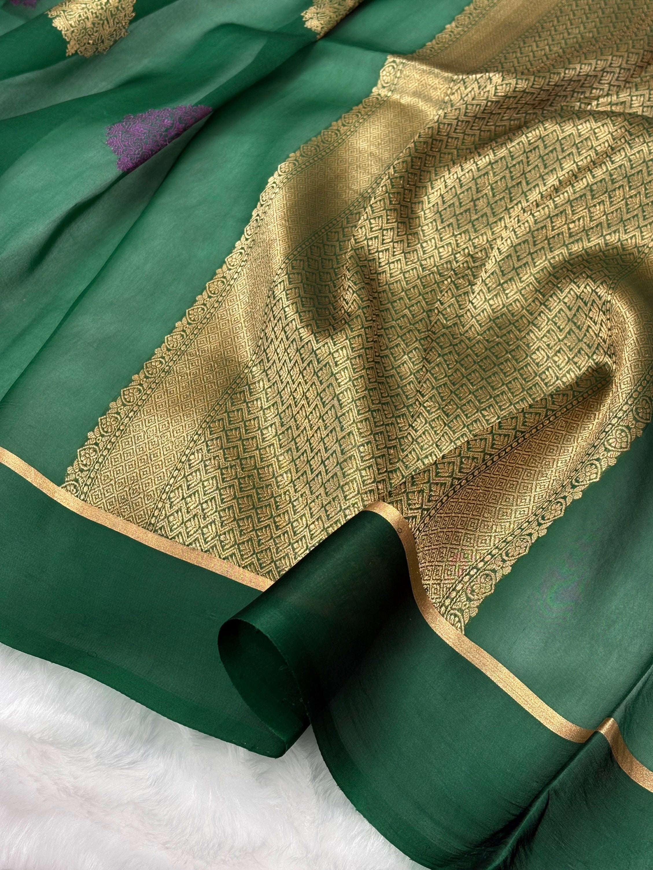 Pure Organza Dark Bottle Green Floral Banarasi Silk Saree PO-03