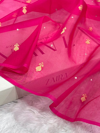 Pure Banarasi Organza Rani Shades With Minakari Floral Banarasi Silk Saree PO-24