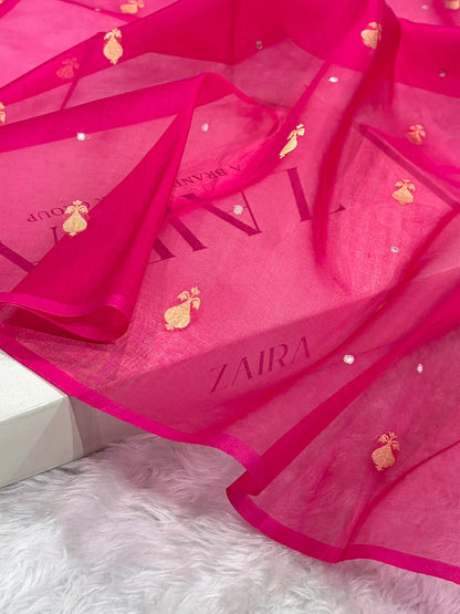 Pure Banarasi Organza Rani Shades With Minakari Floral Banarasi Silk Saree PO-24