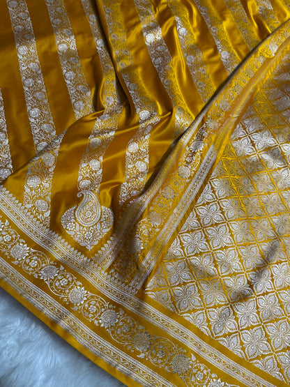 Mustard Shades Banarasi Cross Pattern Floral Mashru Silk Saree MSM-102