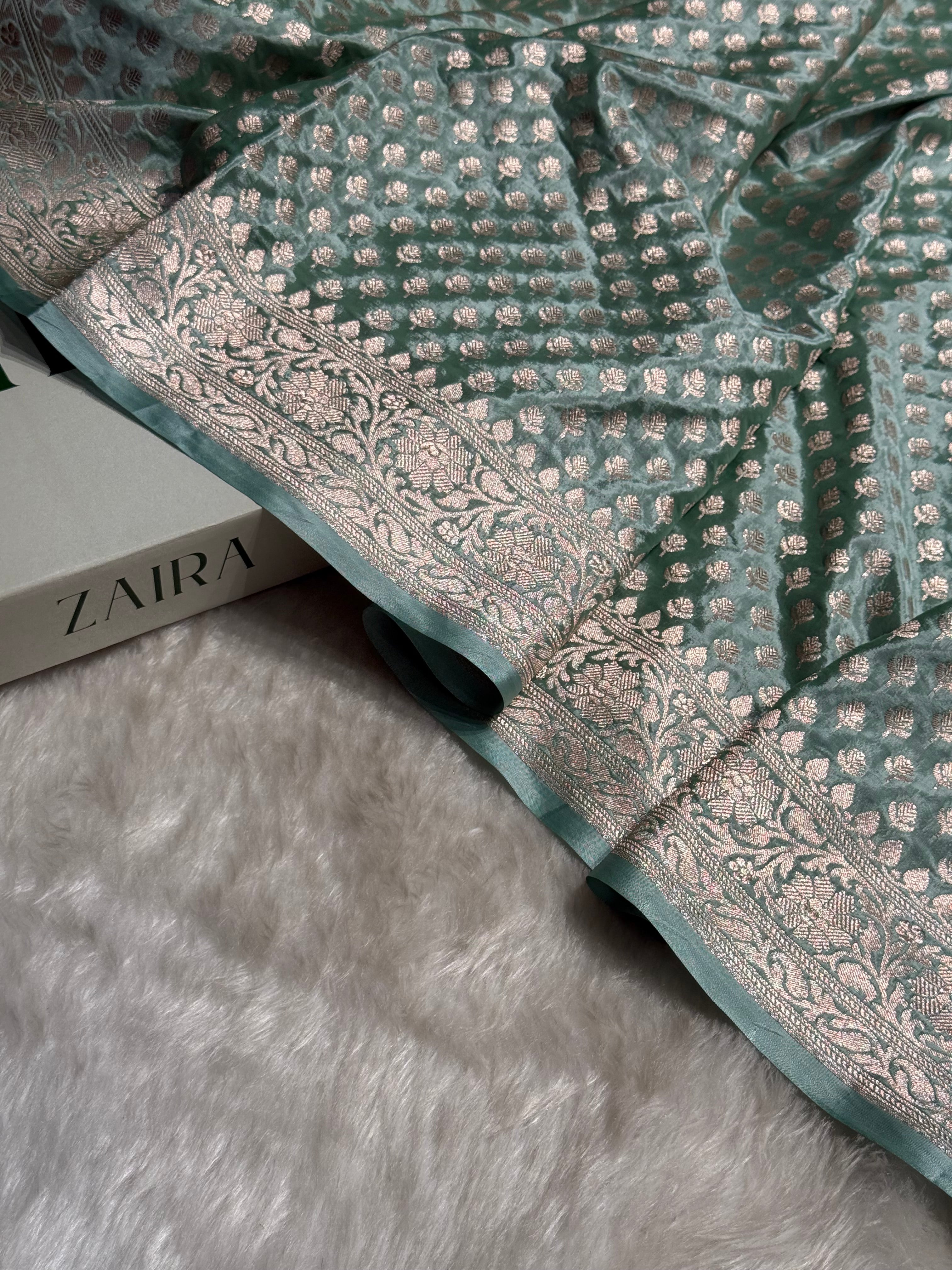 Powder Green Crepe Silky Katan Banarasi Saree CSK-01