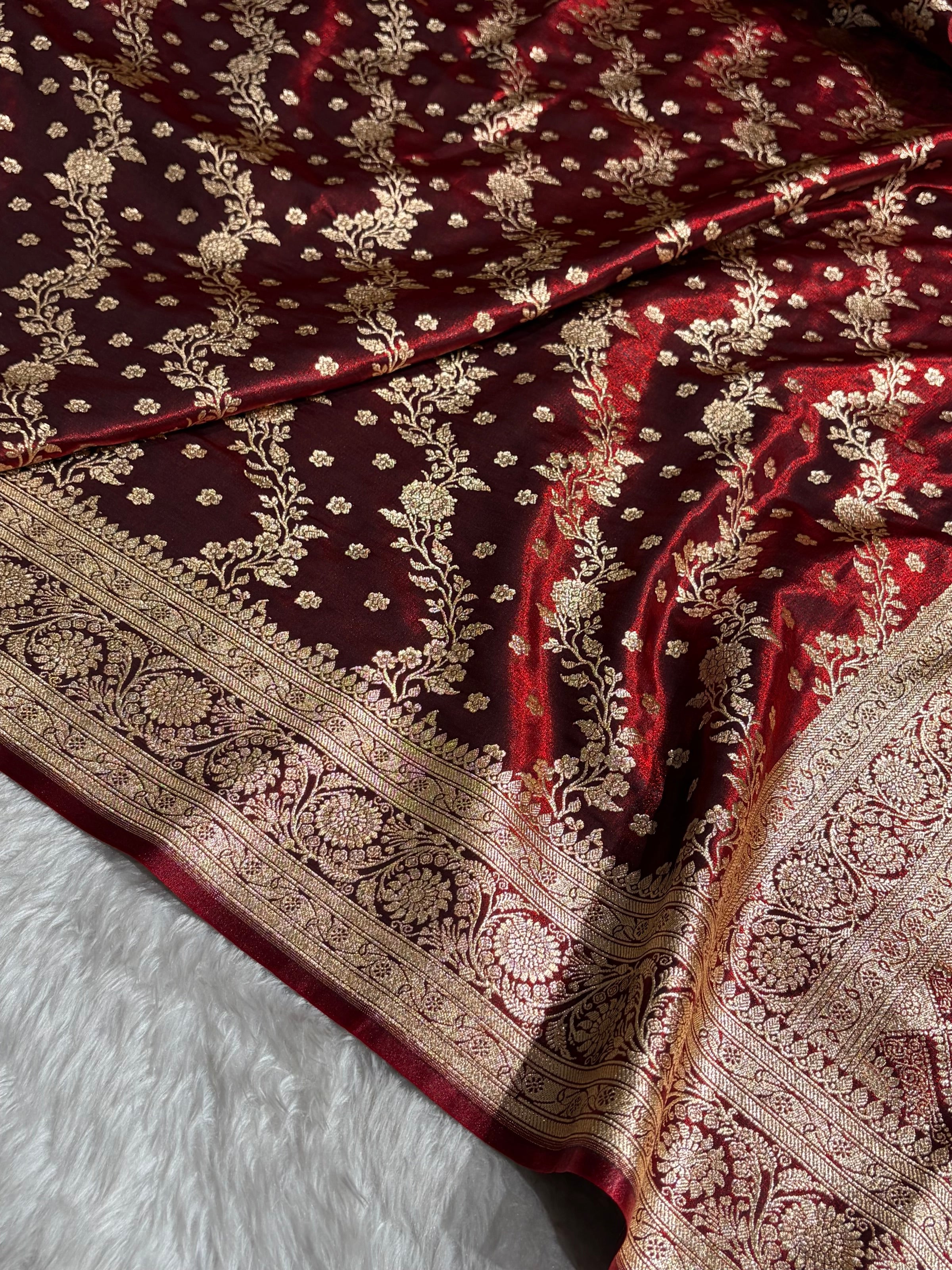 Satin Silk Saree Cross with Booti in Maroon Shades SS24