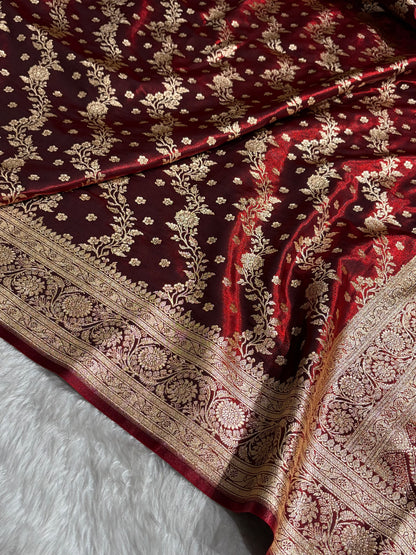 Satin Silk Saree Cross with Booti in Maroon Shades SS24