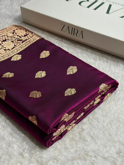 Wine Shades Booti Pattern Banarasi Satin Silk Saree SS58
