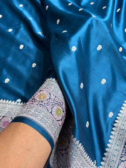 German Blue Shade With Minakari Booti Mashru Silk Saree