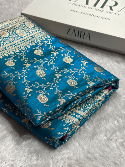 Firozi Shades Jaal Pattern Banarasi Satin Silk Saree SS55