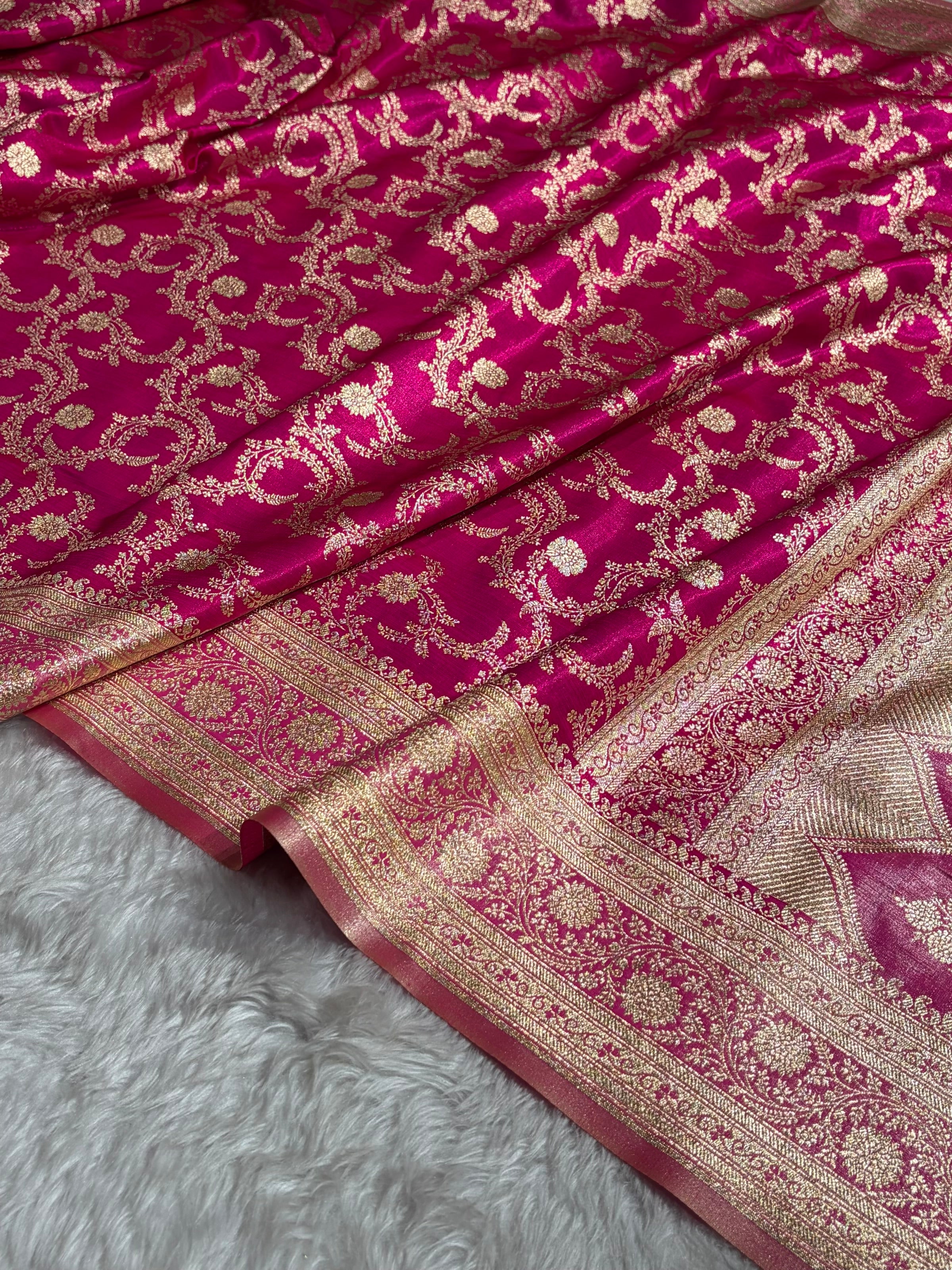 Pink Contrast Shades Jaal Pattern Banarasi Satin Silk Saree SS47