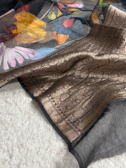 Organza with Pastel Multicolor Florals & Gold Zari Border POP20