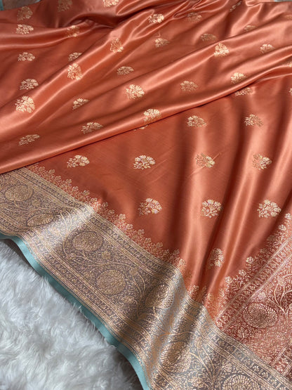Rose Peach - Turquoise Banarasi Boota Katan Silk Saree SKM29