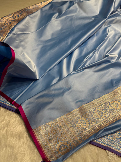 Powder Blue Booti Satin katan Silk Saree SK11