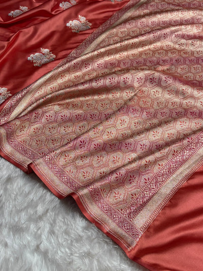 Strawberry Sona Rupa Minakari Floral Motif Mashru Silk Saree MCS50