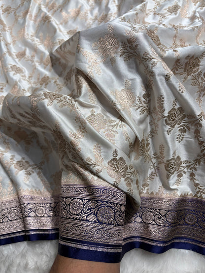 Contrast White with Navy Blue Floral Jaal Mashru Silk Saree  MS28