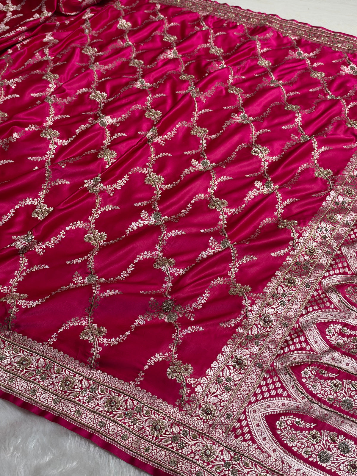 Bridal Rani Shades Banarasi Jaal With Zardozi Work Mashru Silk Saree BMSM-127