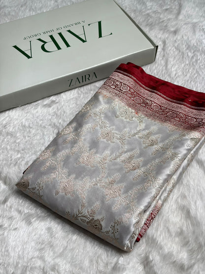 Contrast White with Maroon Floral Jaal Mashru Silk Saree  MS28
