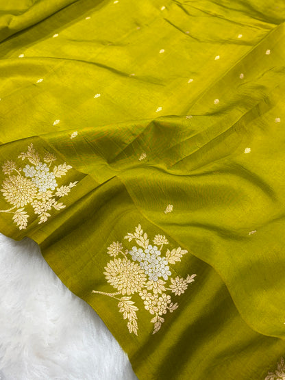 Banarasi Mehendi Green Shades Meena Boota Handwoven Pure Paper Silk RM-72