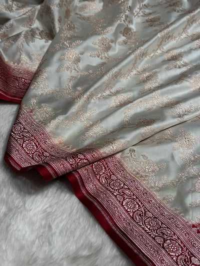 Contrast White with Maroon Floral Jaal Mashru Silk Saree  MCS28