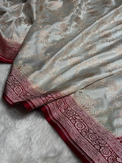 Contrast White with Maroon Floral Jaal Mashru Silk Saree  MS28