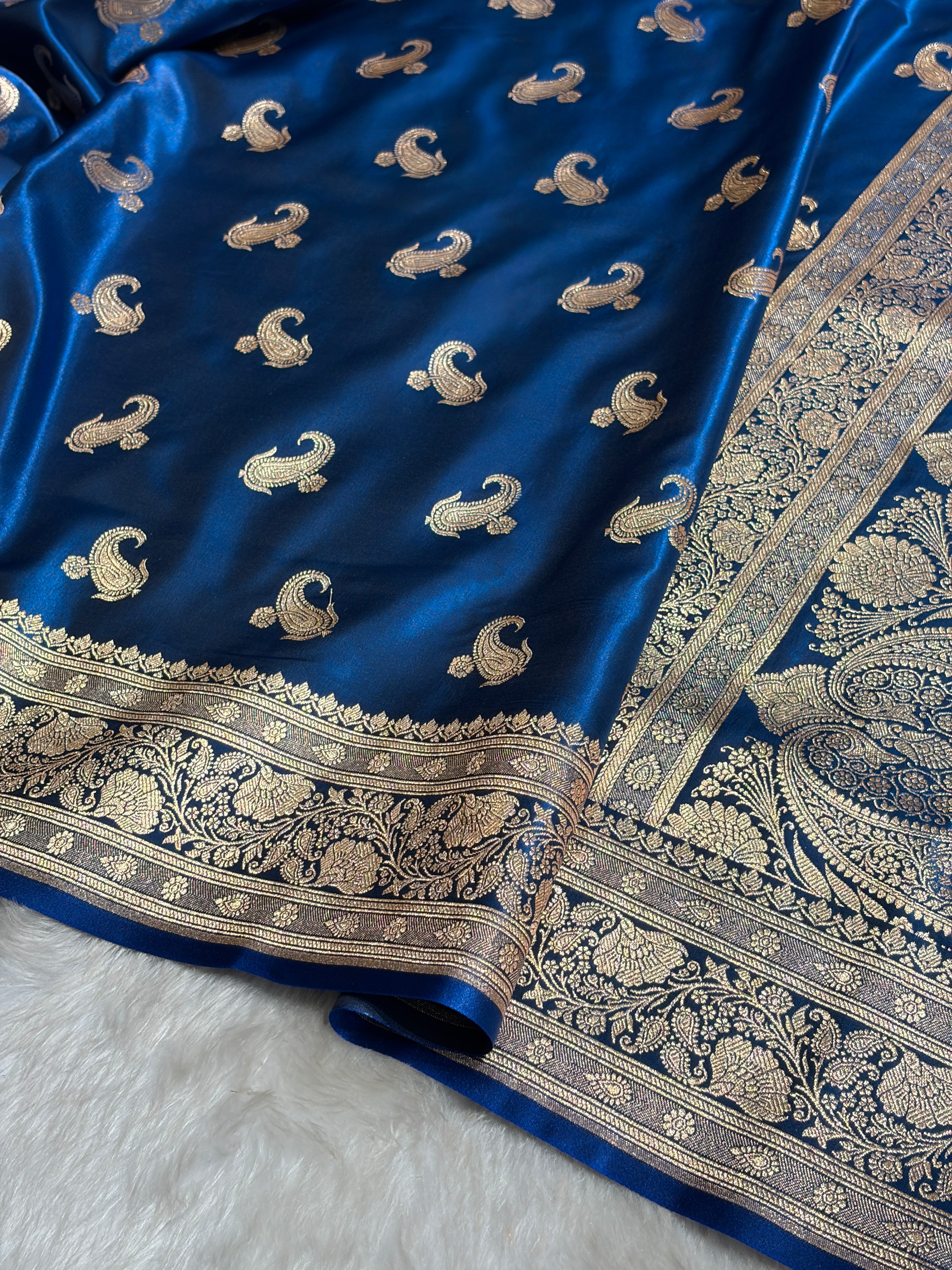 Satin Silk Saree Floral Boota in German Blue Shades SS27