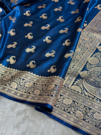 Satin Silk Saree Floral Boota in German Blue Shades SS27
