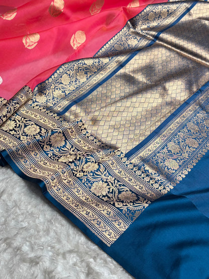 Contrast Pure Banarasi Organza Baby Pink With German Blue Floral Banarasi Silk Saree PO-14