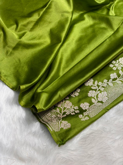 Banarasi Mehendi Shades With Floral Border Mashru Silk Saree MCS83