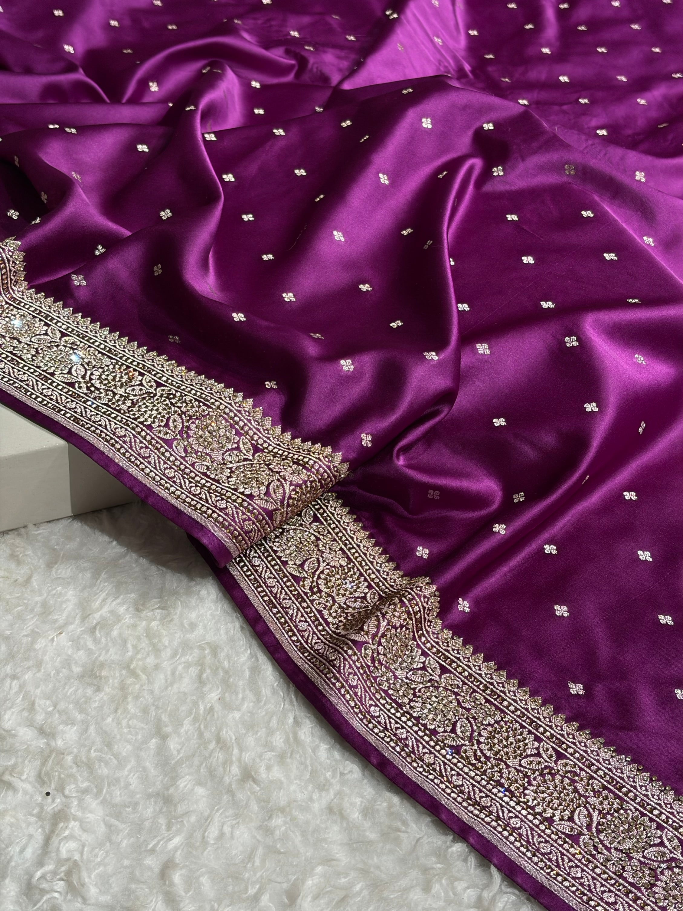 Wine Booti With Swarovski Stone Work Mashru Silk Saree BMS70