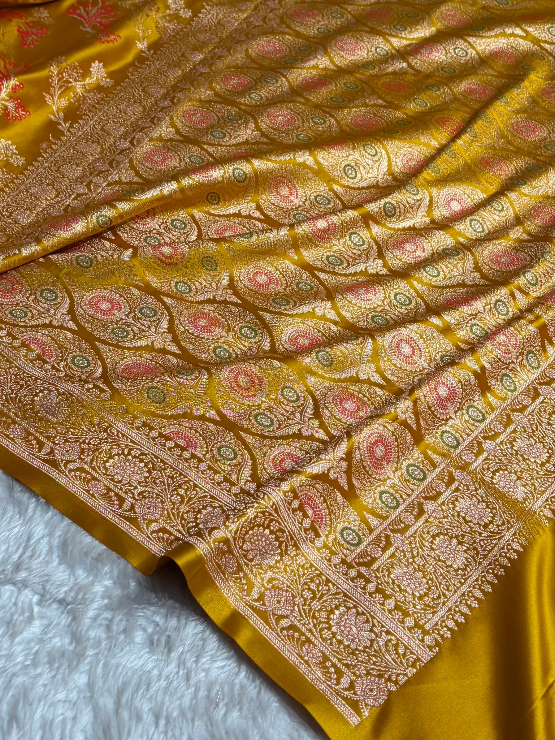 Banarasi Satin Katan Saree Floral Minakari Jaal Pattern in Mustard Shades SK151
