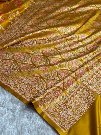 Banarasi Satin Katan Saree Floral Minakari Jaal Pattern in Mustard Shades SK151