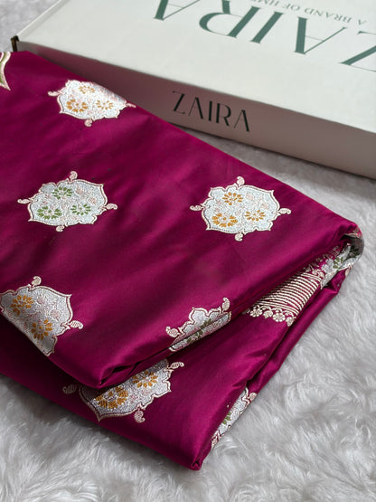 Premium Banarasi Satin Katan Saree Minakari Booti Pattern in Wine Shades SK138