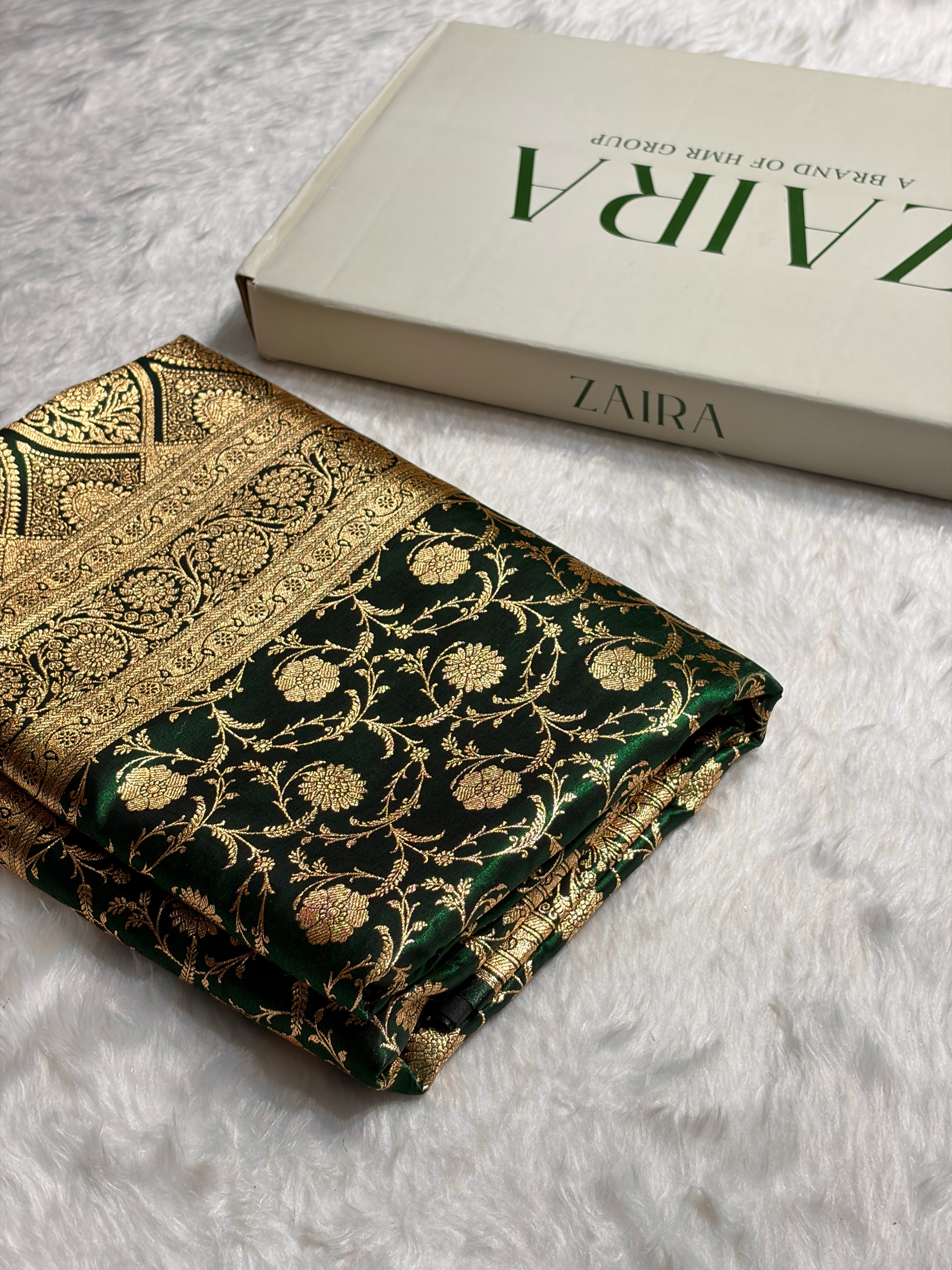 Ultra Light Weight Satin Silk Jaal in Dark Bottle Green Shades SS13