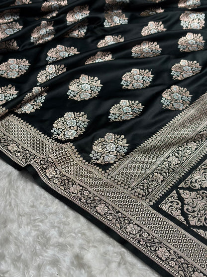 Premium Banarasi Satin Katan Saree With Minakari Boota in Black Shades SK93