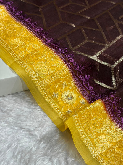 Banarasi Pure Organza Contrast Chocolate With Yellow Shades Banarasi Silk Saree PO-43