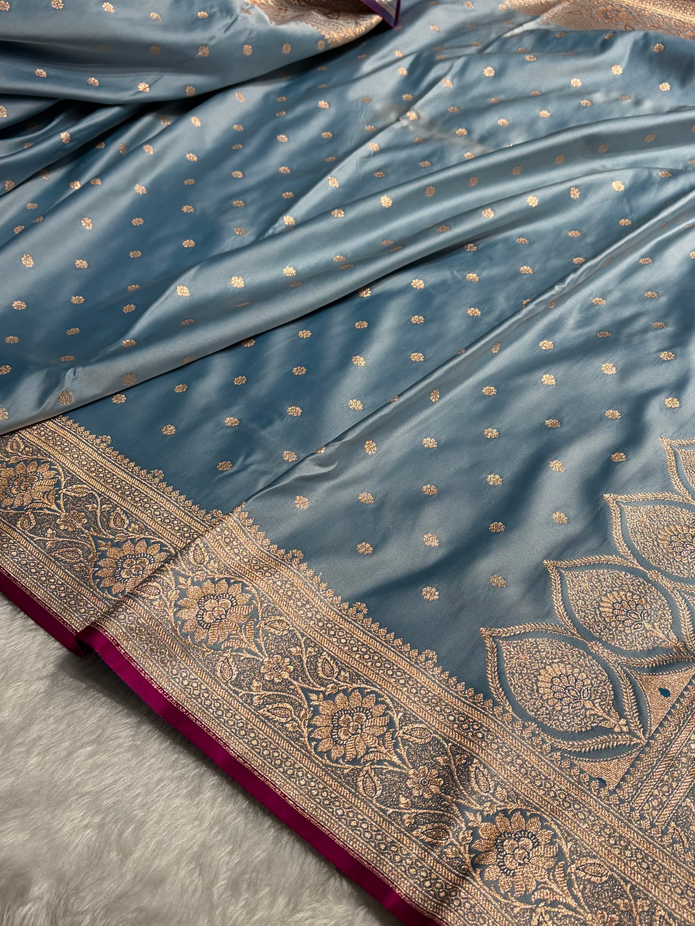 Banarasi Powder Blue Booti Satin katan Silk Saree SK11