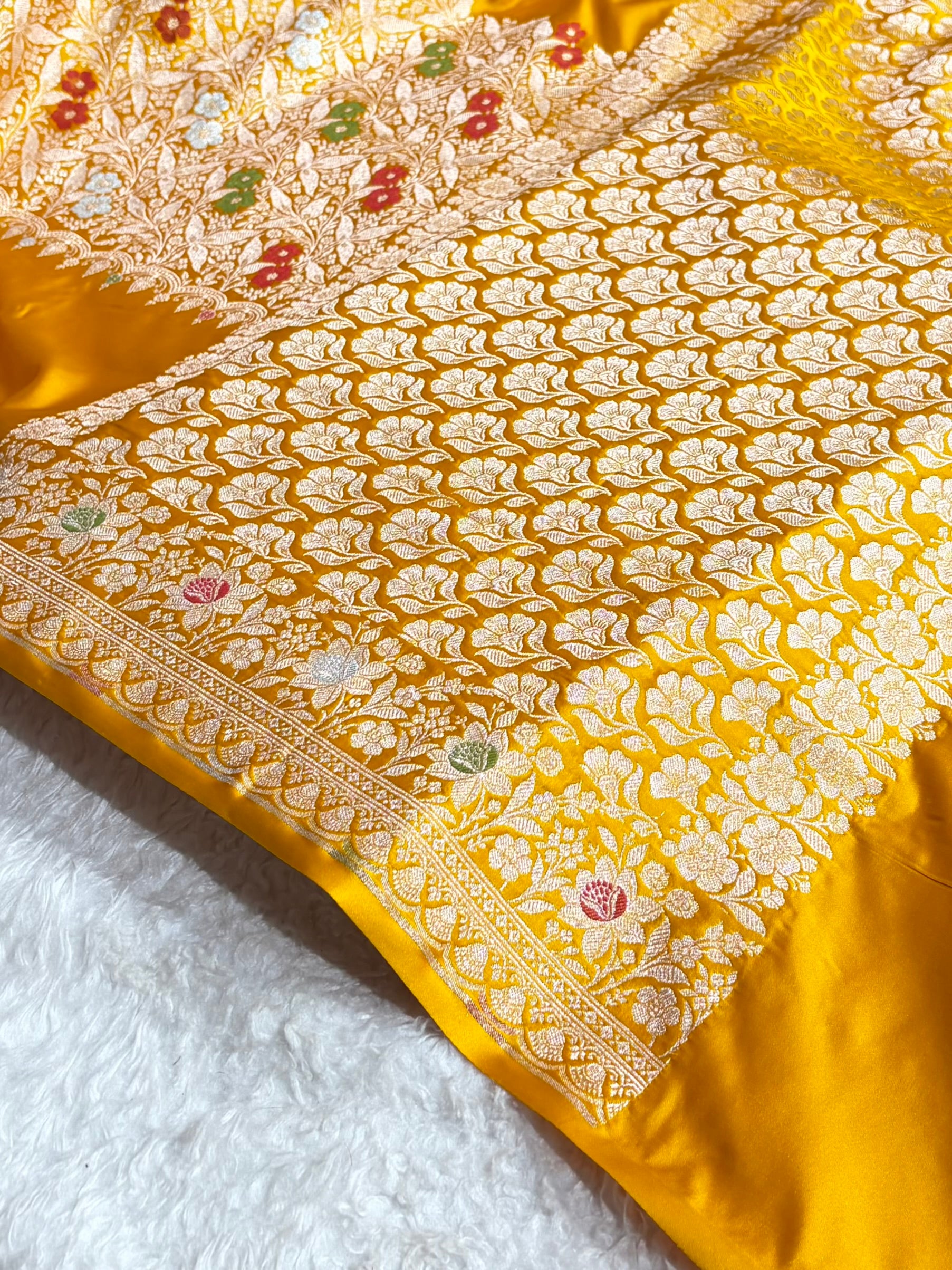 Mustard Shades Banarasi Minakari Boota Skirt Pattern Floral Mashru Silk Saree MSM-116