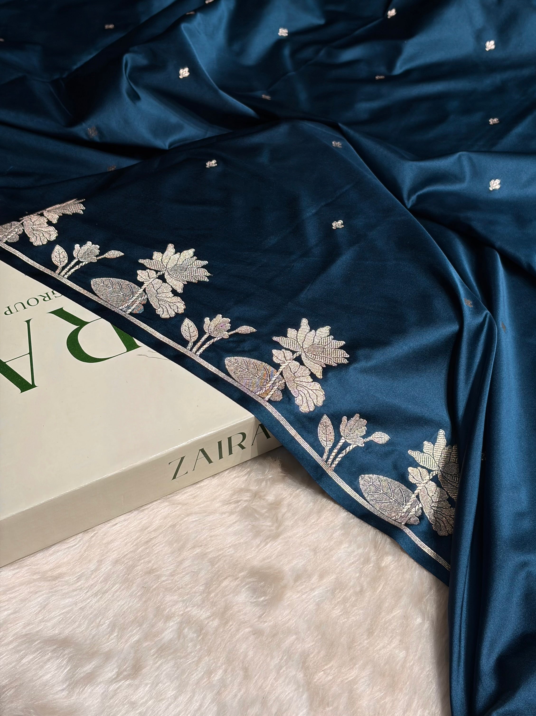 German Blue Floral Border Booti Mashru Silk Saree MS11