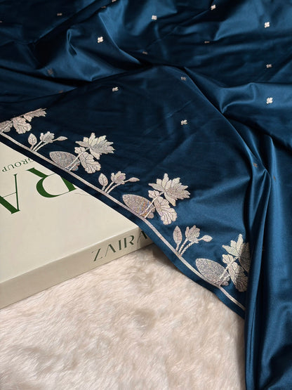 German Blue Floral Border Booti Mashru Silk Saree MS11