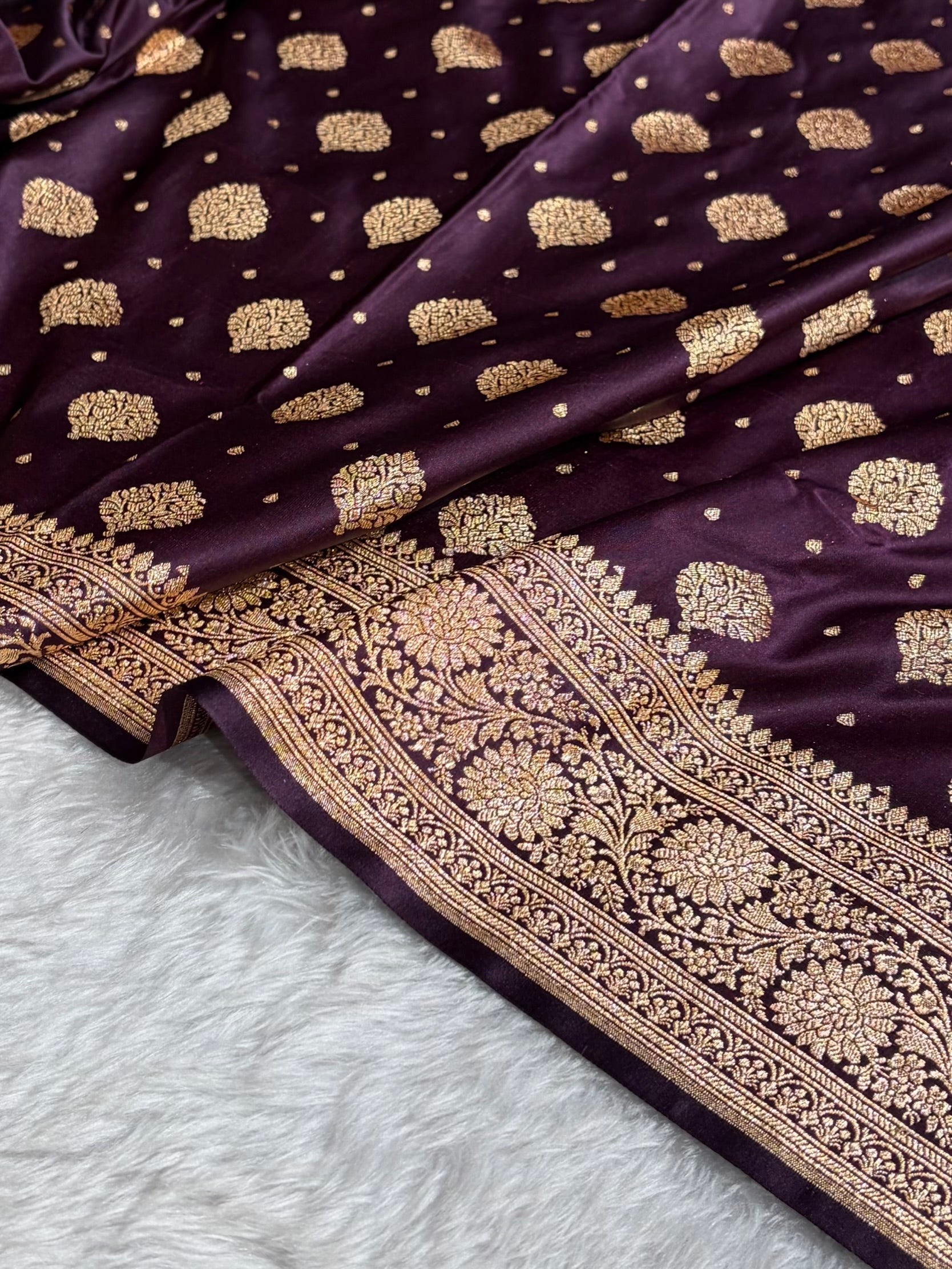 Dark Wine Unique Boota Pattern Satin Katan Silk Saree SK69