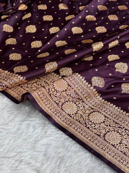 Dark Wine Unique Boota Pattern Satin Katan Silk Saree SK69