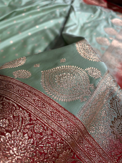 Pista with Red Booti Satin Katan Silk saree SK29