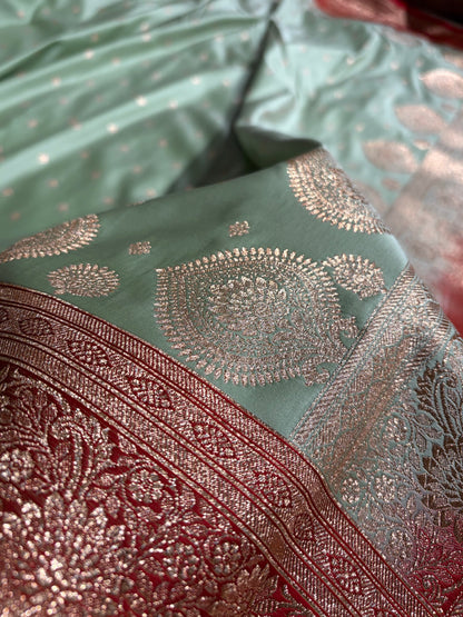 Pista with Red Booti Satin Katan Silk saree SK29