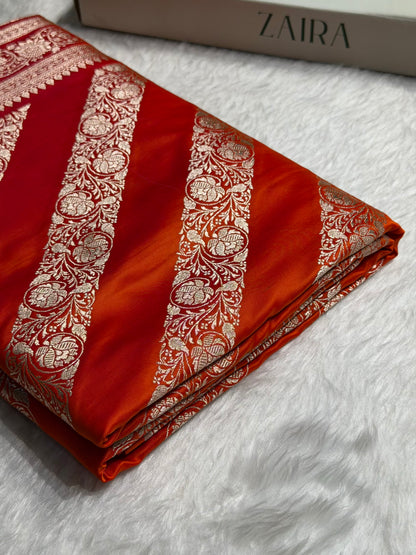Orange Shades Banarasi Cross Pattern Floral Mashru Silk Saree MSM-102