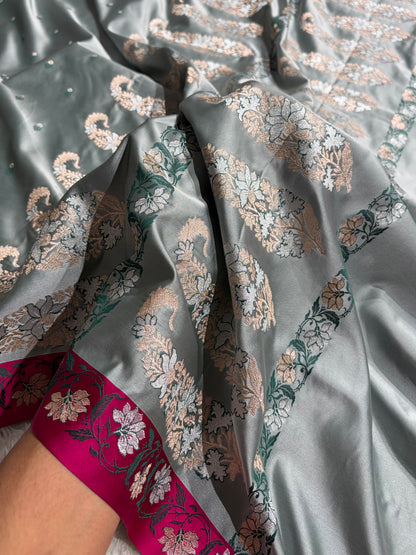 Contrast Grey With Rani Floral Boota With Floral Border Mashru Silk Saree MSM-78