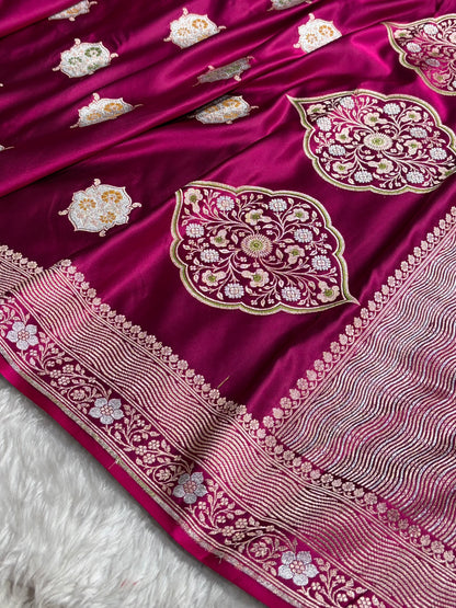Premium Banarasi Satin Katan Saree Minakari Booti Pattern in Wine Shades SK138