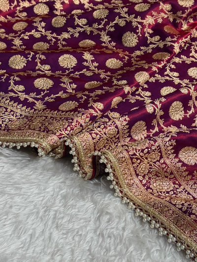 Banarasi Reddish Purple Satin Silk Saree with Gota Patti SSGP15