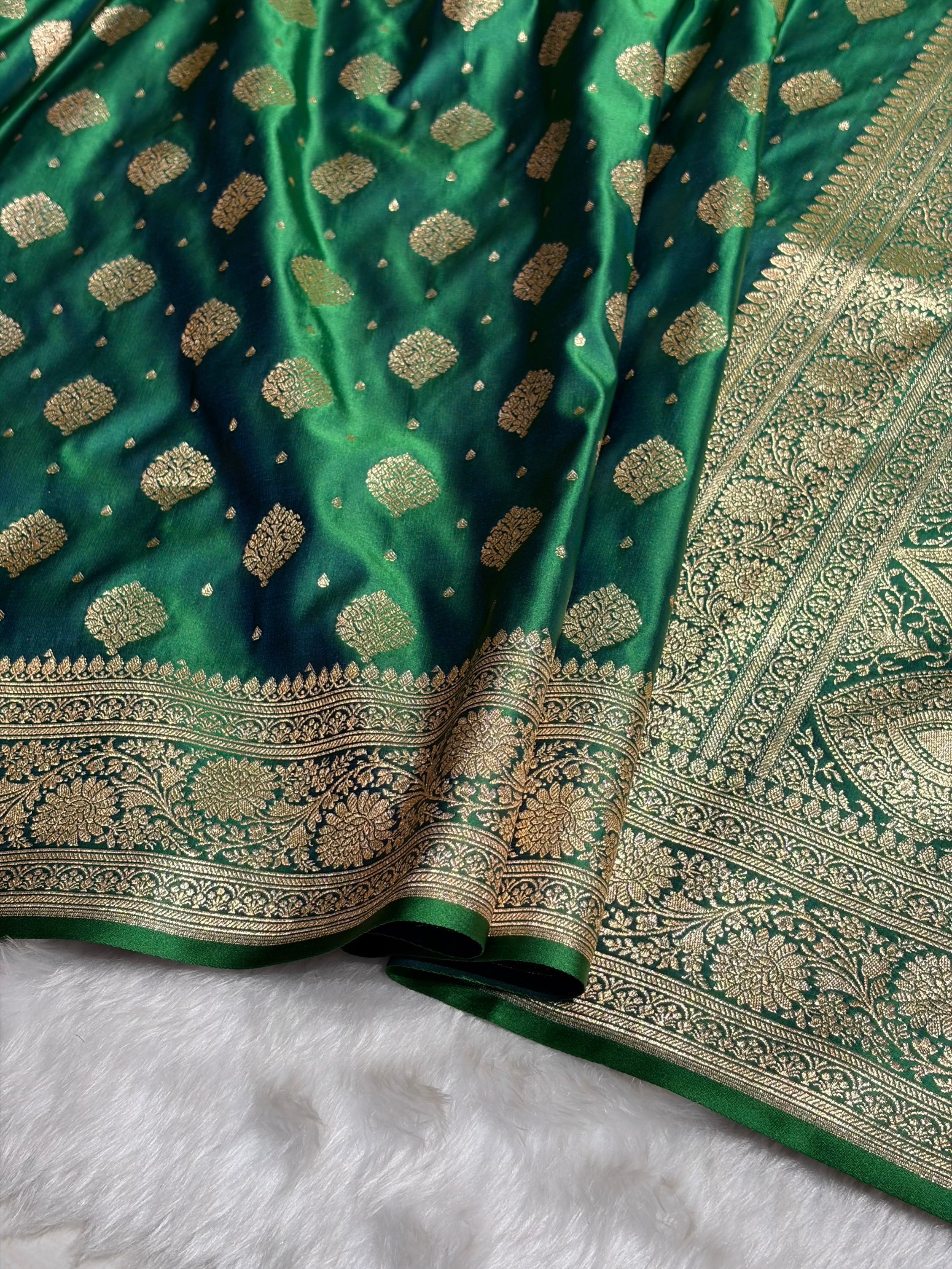 Cross Green Unique Boota Pattern Satin Katan Silk Saree SK69